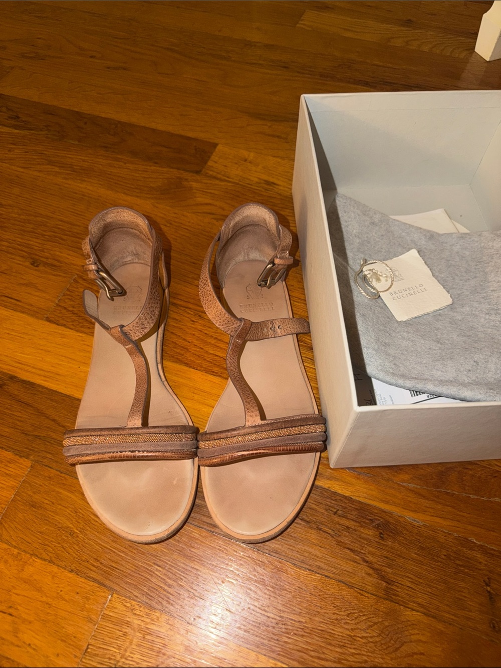 Brunello Cucinelli Cognac Leather T-Strap Sandals